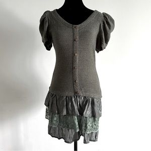 V Neck Drop Waisted Ruffled Dress with Puff Sleeves - Blue Bird Brand